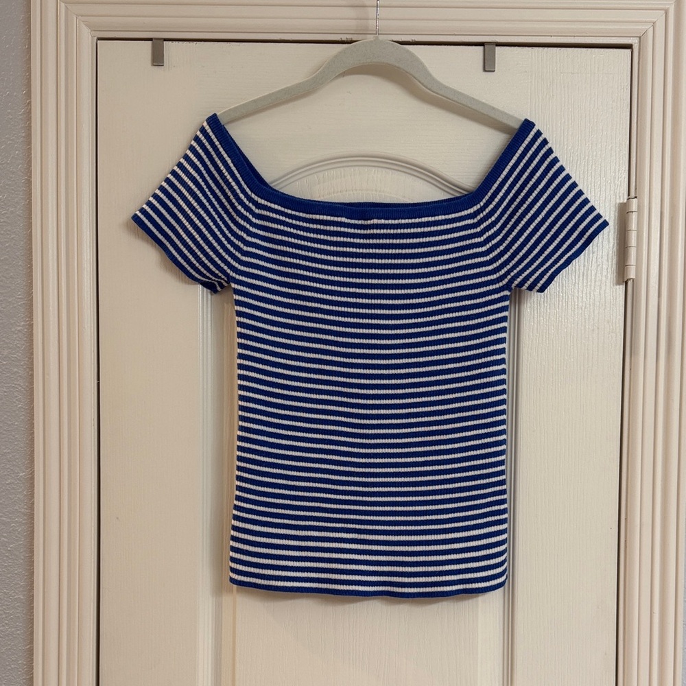 Madewell Blue and White Striped Off-Shoulder Crop Top